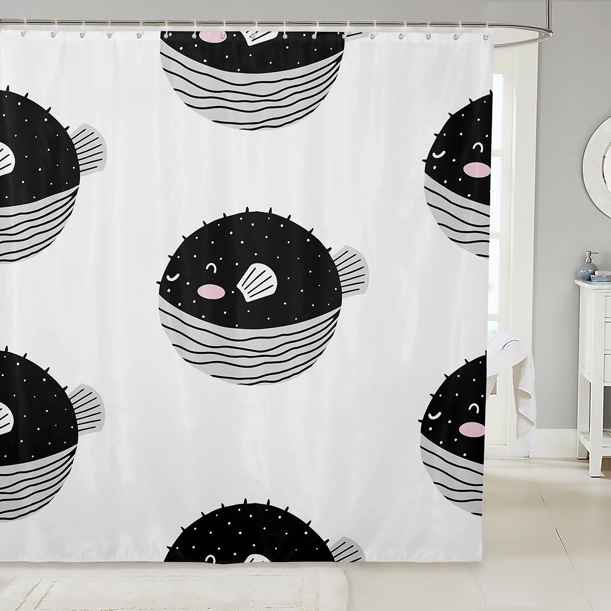 Ocean Life Fabric Shower Curtain 72"Wx72"L Cartoon Balloonfish Pufferfish Shower Curtain for