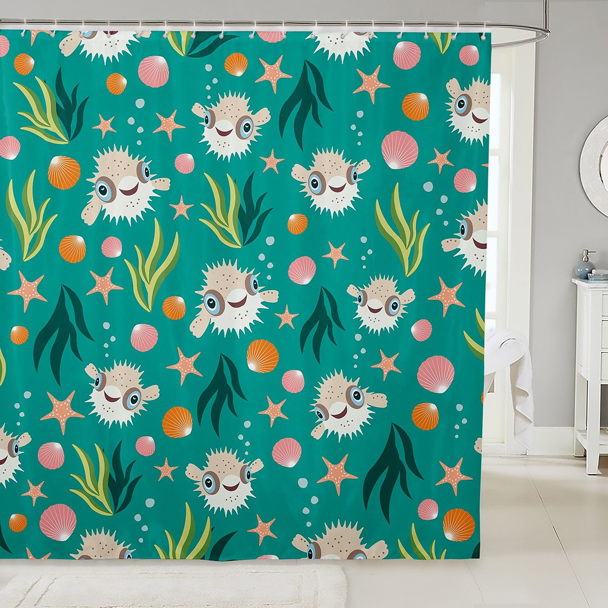 Ocean Life Fabric Shower Curtain 72"Wx84"L,Cute Cartoon Sea Animal Pufferfish Shower Curtain