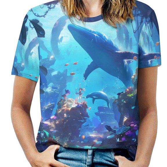 Ocean Life Fantasy Art Women's Short Sleeve T-Shirt Crew Neck Casual Summer Trendy Loose Fit Tops