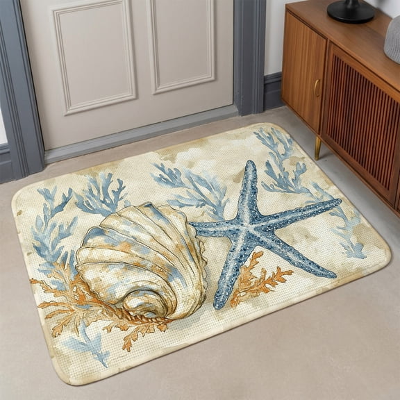Ocean Life Front Door Mat Indoor Entrance, Marine Coral Algae Shell Starfish Oil Painting Absorbent Dirt Resist Welcome Mats Non-Slip Low-Profile Doormat Washable Entry Rug Indoor Outdoor 17x30 Inch
