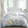 thumbnail image 1 of Ocean Life Full Size Comforter Set, Light Yellow Shell Navy Coral Starfish Conch Bedding for All Seasons, 4 Pcs Bed Set, 1Quiltcover (86"x86") ,1Sheet(80"x116"), 2Pillowcases (30"x20"), 1 of 9