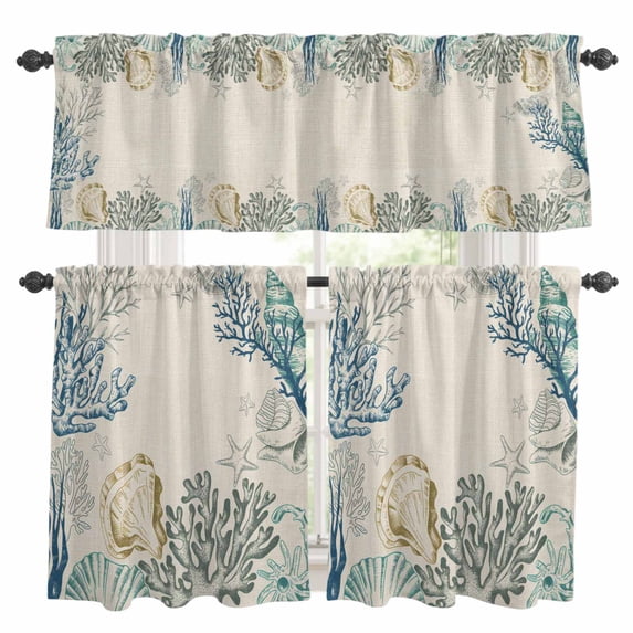 Ocean Life Kitchen Curtains Valances and Tiers Set of 3 Shell Conch Coral Starfish Vintage Linen Tier Curtains and Valance with Rod Pocket for Small Windows, 27.5"x36"