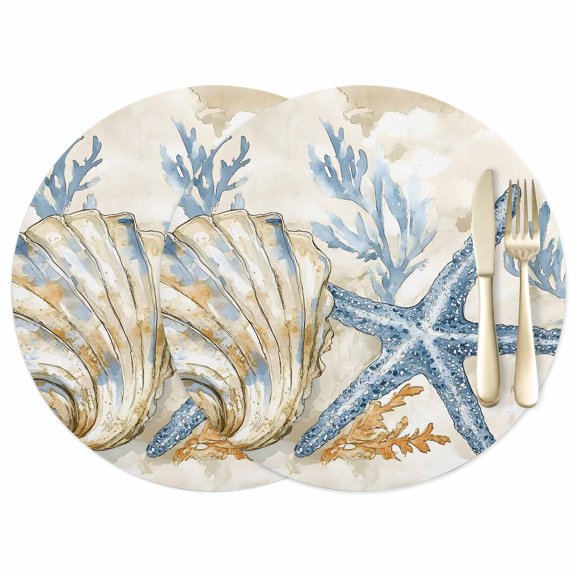 Ocean Life Leather Placemats Set of 2, 12 Inch, Marine Coral Algae Shell Starfish Oil Painting Waterproof Oil-Proof Place Mats, Non-Slip Table Mats for Kitchen, Dining Room, Indoor Outdoor