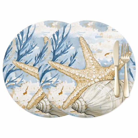 Ocean Life Leather Placemats Set of 2, 12 Inch, Marine Coral Shell Algae Starfish Oil Painting Waterproof Oil-Proof Place Mats, Non-Slip Table Mats for Kitchen, Dining Room, Indoor Outdoor