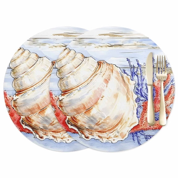 Ocean Life Leather Placemats Set of 2, 12 Inch, Marine Coral Shell Algae Starfish Wood Grain Waterproof Oil-Proof Place Mats, Non-Slip Table Mats for Kitchen, Dining Room, Indoor Outdoor