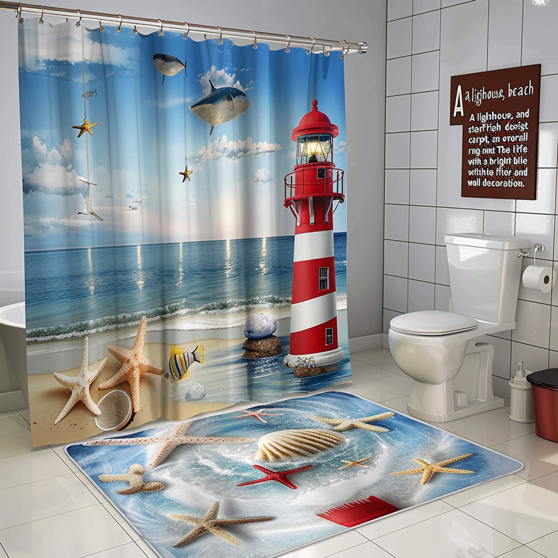 Ocean Life Lighthouse Beach Shower Curtain Set Starfish Design Details