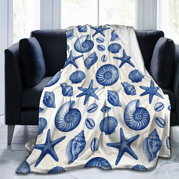 Ocean Life Ocean Beach Throw Blanket, Blue Coastal Nautical Flannel Throw Blanket with Seashell and Starfish Design, Soft Cozy Blanket for Sofa, Couch, Bed, Home Decor 50x40