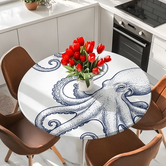 Ocean Life Octopus Navy Blue Round Fitted Tablecloth with Elastic Edge,Waterproof Table Cloth Fits Tables Up to 36"-44",Wipeable Table Cover for Indoor Outdoor Dinning,Marine Huge Monster on White