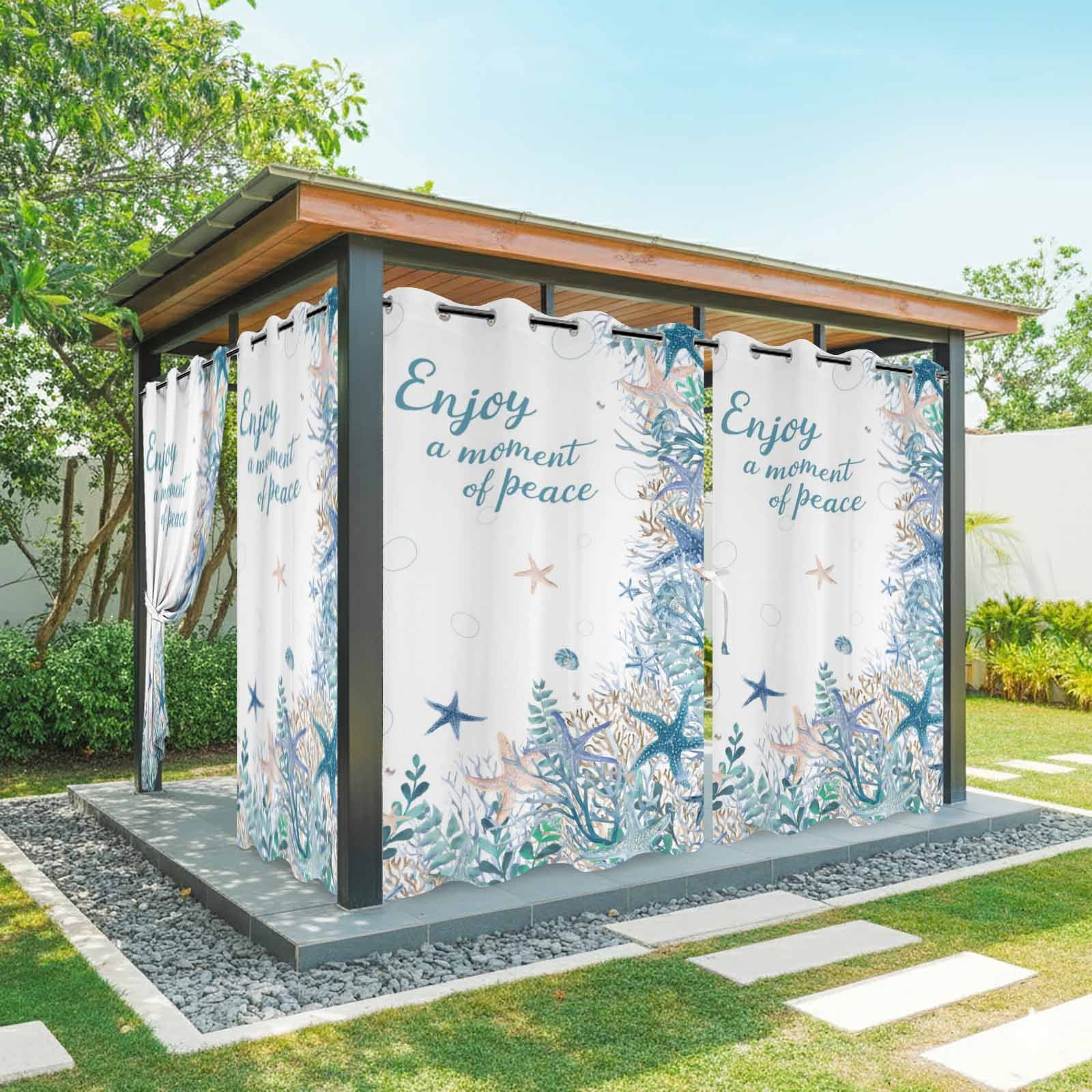 Ocean Life Outdoor Curtains for Patio, Blue Starfish Coral Eucalyptus Leaves Enjoy A Moment F Peace Sunshade Privacy Drapes Grommet Waterproof Outside Curtains for Porch Balcony 54"x108", 1 Panel