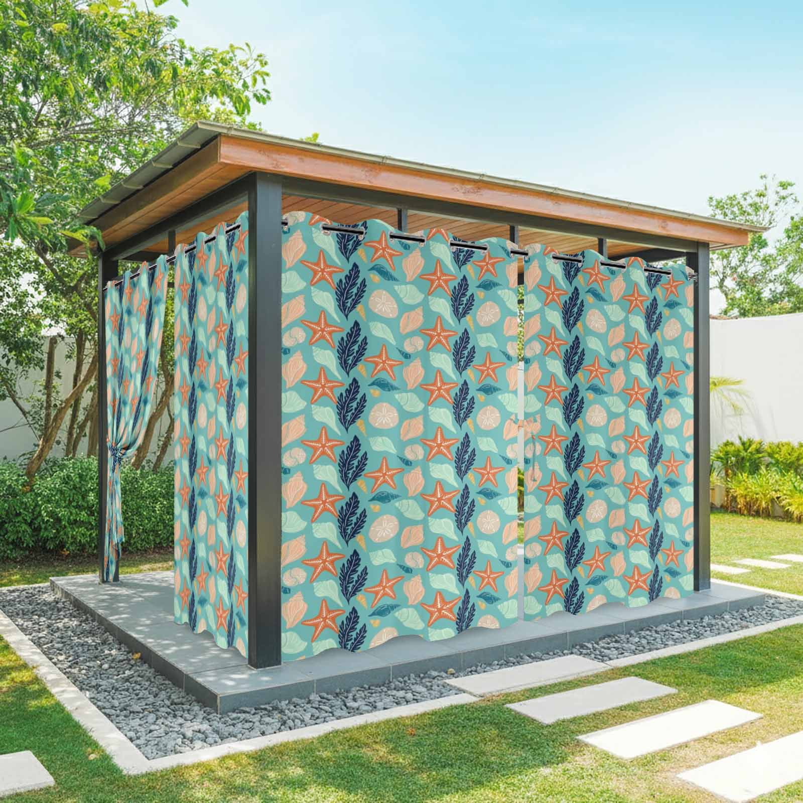 Ocean Life Outdoor Curtains for Patio, Orange Starfish Conch Coral Sea Urchin Green Sunshade Privacy Drapes Grommet Waterproof Outside Curtains for Porch/Cabana/Balcony 54"x 95", 2 Panel