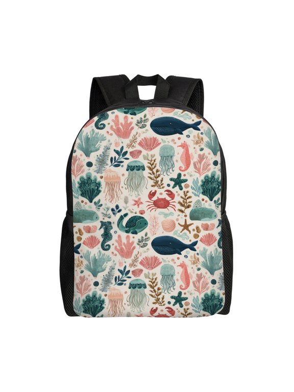 Ocean Life Pattern Backpack with 15 Inch Laptop Compartment,Water-Resistant Daypack, Large Capacity Backpack with Adjustable Breathable Shoulder Straps for Daily Use Travel Gym