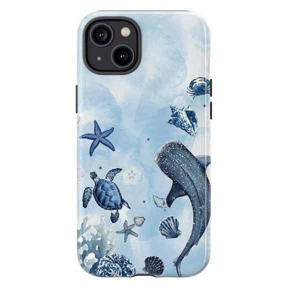 Ocean Life Phone Case for iPhone 16 15 14 13 12 11 Pro Max Mini – Blue Sea Turtle, Whale Shark & Shells Design, Durable Protective Cover