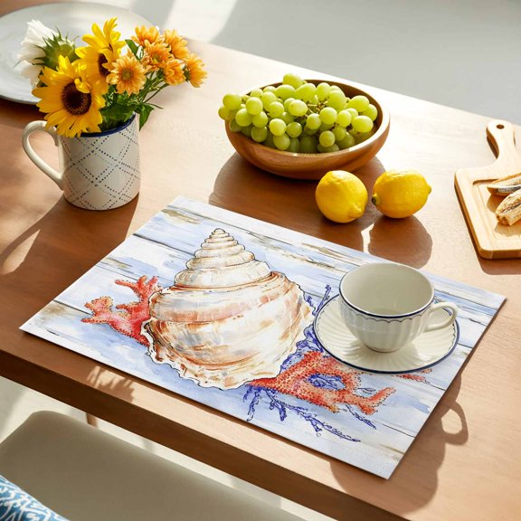 Ocean Life Placemats Set of 1, Marine Coral Shell Algae Starfish Wood Grain Non-Slip Place Mats Washable Table Mats for Kitchen Dining Table Decorations Indoor/Outdoor