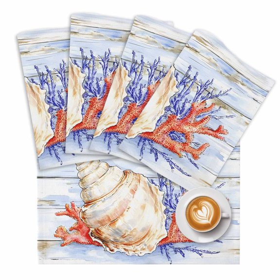 Ocean Life Placemats Set of 1 Marine Coral Shell Algae Starfish Wood Grain Place Mats Washable Table Mats for Party Kitchen Dining Decoration, 13 X 19 Inch