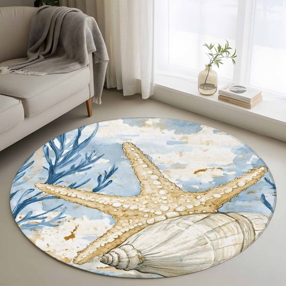 Ocean Life Round Rugs for Living Room 3ft Marine Coral Shell Algae Starfish Oil Painting Non Slip Circle Rug Washable Low-Profile Indoor Carpet for Bedroom, Dining Room, Bathroom