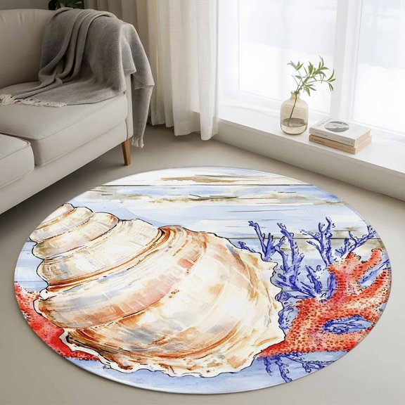 Ocean Life Round Rugs for Living Room 3ft Marine Coral Shell Algae Starfish Wood Grain Non Slip Circle Rug Washable Low-Profile Indoor Carpet for Bedroom, Dining Room, Bathroom