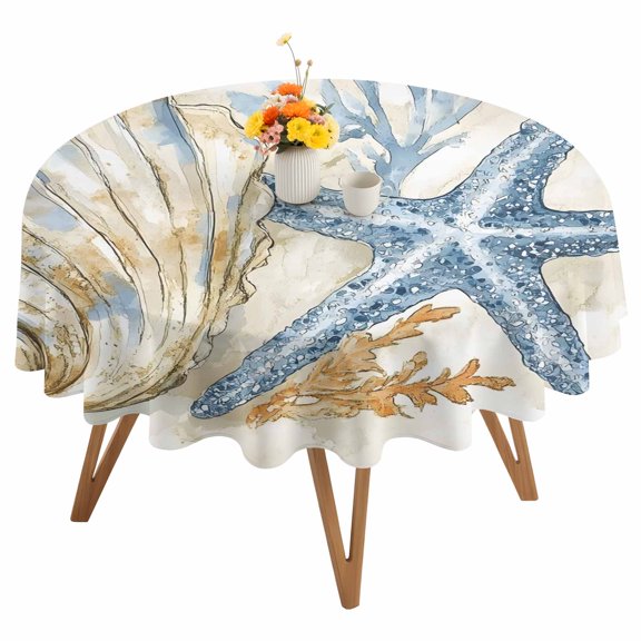 Ocean Life Round Tablecloth 54 inches Marine Coral Algae Shell Starfish Oil Painting Waterproof Oil-Proof Table Cloth Round Table Cover for Holiday Party Picnic Dinner Decor Indoor and Outdoor Use
