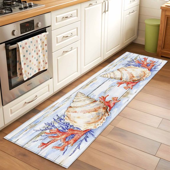 Ocean Life Runner Rug for Hallway 2x6ft, Marine Coral Shell Algae Starfish Wood Grain Non Slip Floor Mat Washable Low-Profile Indoor Carpet for Living Room, Bedroom, Dining Room