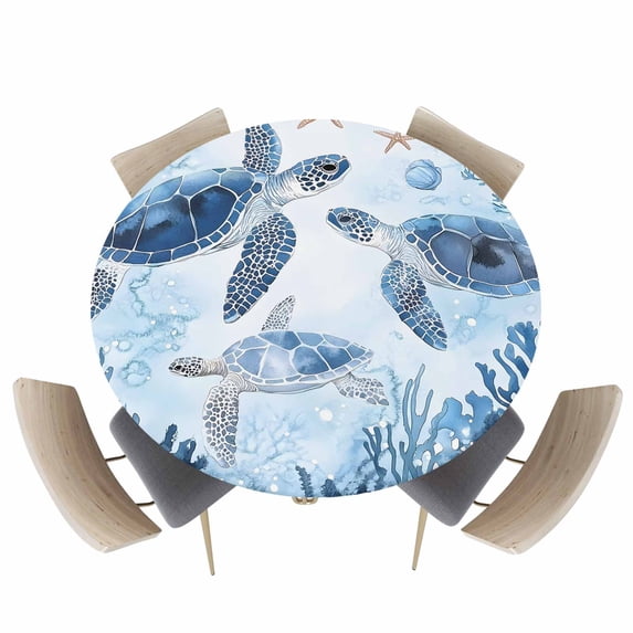 Ocean Life Sea Turtle Coral Starfish Fitted Round Tablecloths Elastic Edged Table Covers 36"-44",Marine Underwater Life Waterproof Dining Room Kitchen Table Cloth for Holiday Party Tables Decor
