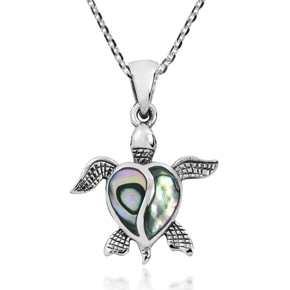Ocean Life Sea Turtle Heart Abalone Shell .925 Sterling Silver Necklace