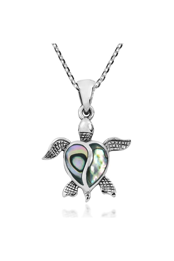 Ocean Life Sea Turtle Heart Abalone Shell .925 Sterling Silver Necklace