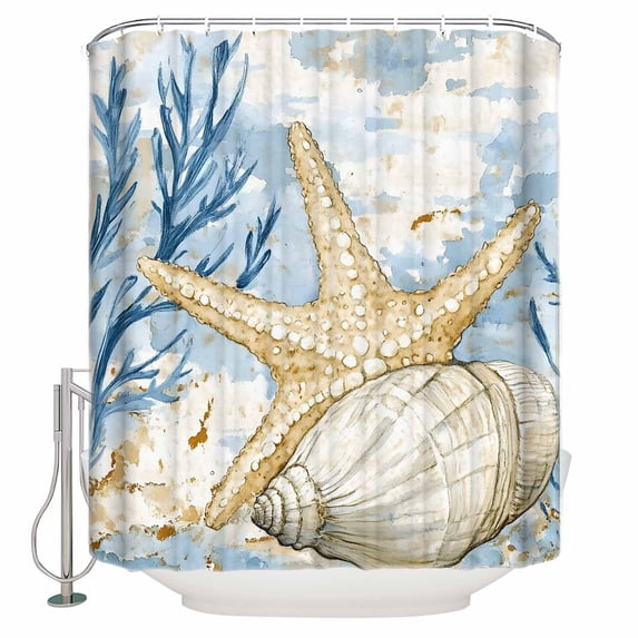 Ocean Life Shower Curtain, 66" x 72", Marine Coral Shell Algae Starfish Oil Painting Waterproof Bathroom Curtain Washable Shower Curtain Set with 12 Hooks