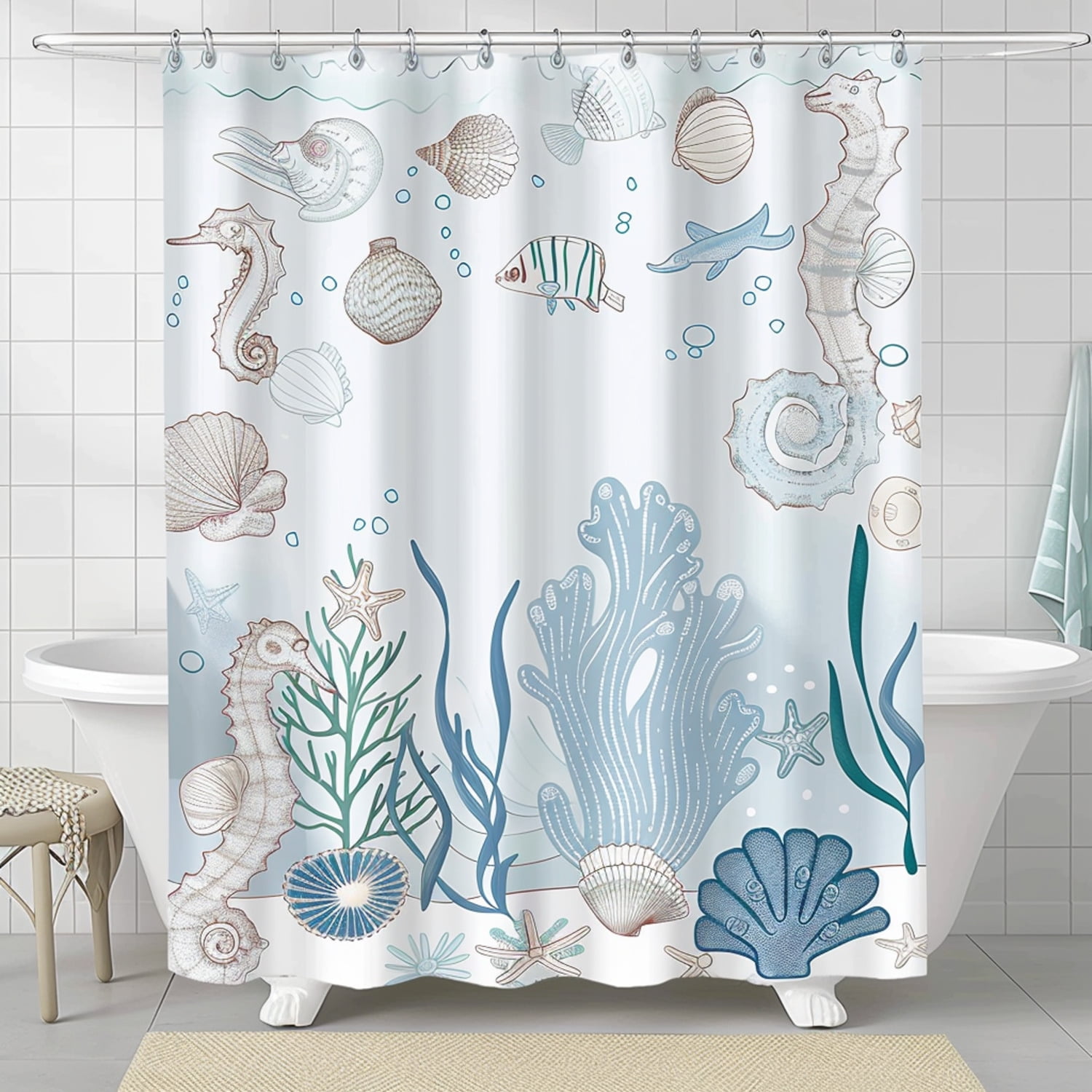 Ocean Life Shower Curtain with Seahorses Starfish and Coral Blue and