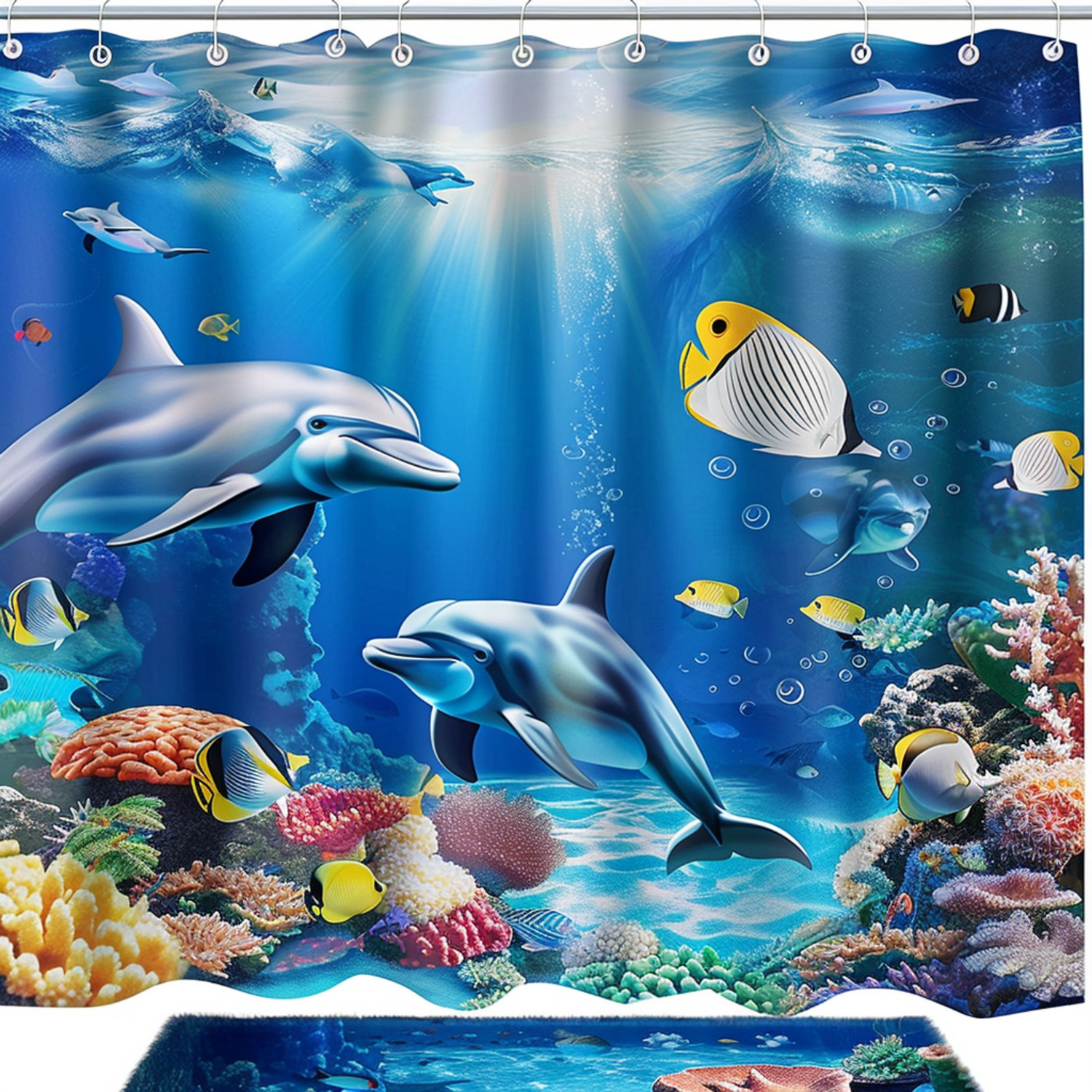 Ocean Life Shower Curtain Set with Dolphins Fish and Coral Underwater