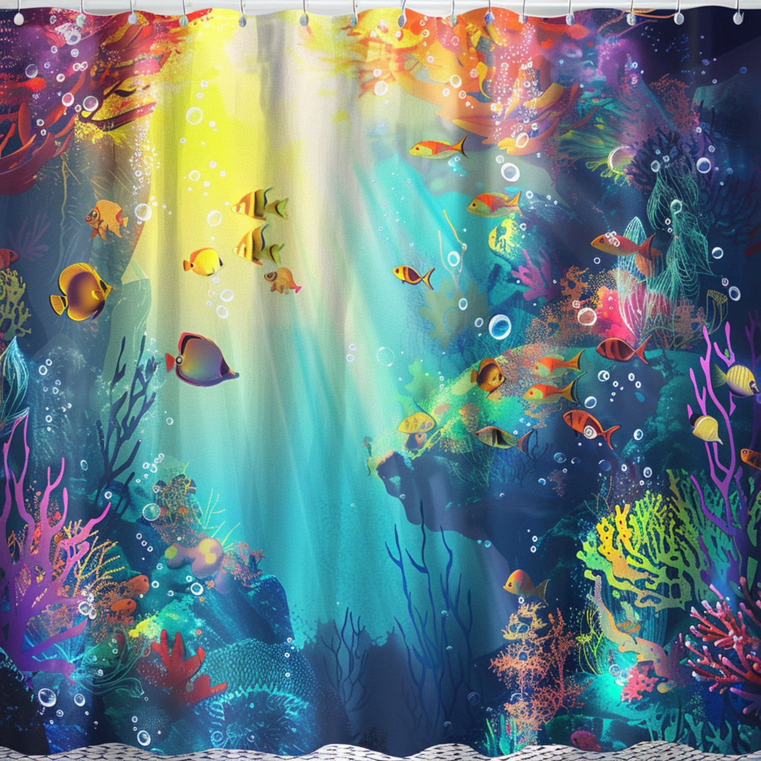 Ocean Life Shower Curtain Vibrant Underwater Scene with Sea Creatures Coral Reefs and Bubbles
