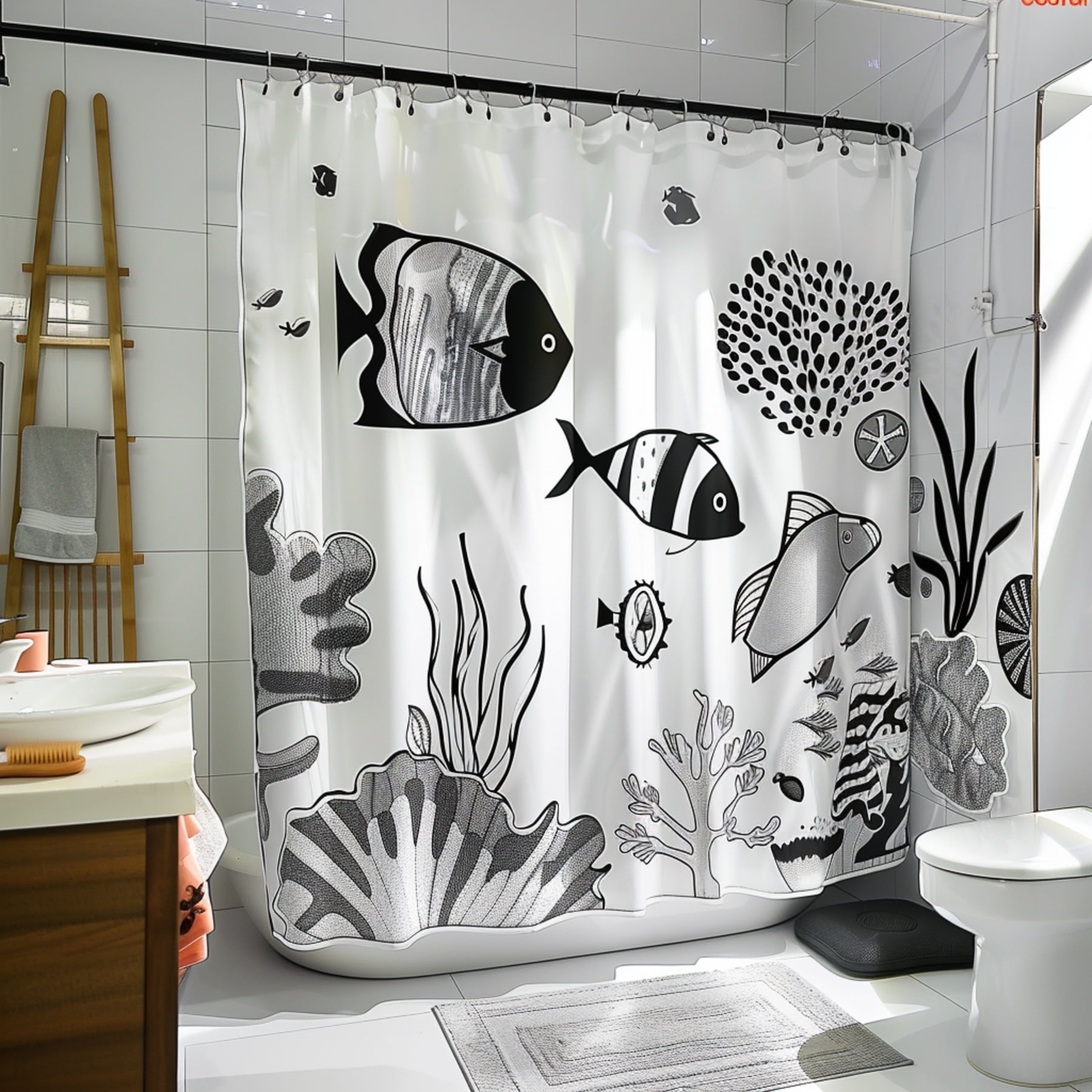 Ocean Life Shower Curtain with Black and White Fish Coral and Seaweed