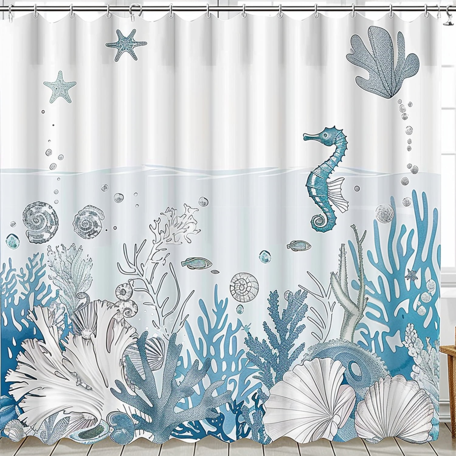 Ocean Life Shower Curtain with Seahorses Starfish and Fish Blue and