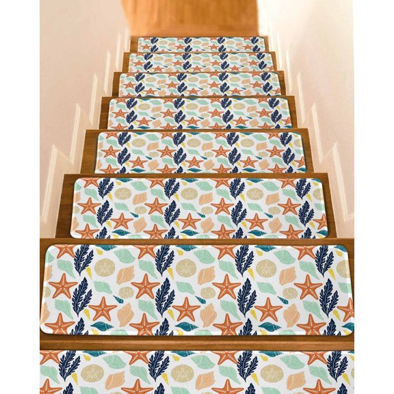 Ocean Life Stair Treads Orange Starfish Green Conch Coral Sea Urchin Indoor Non Slip Peel and Stick Stair Treads for Wooden Steps 7 PCS, Soft Adhesive Staircase Mats Runner Rugs 8"x30"