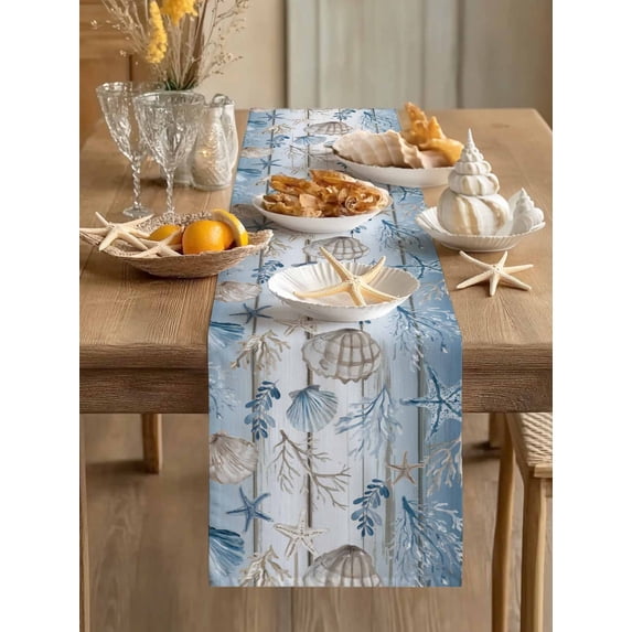 Ocean Life Starfish Coral Shell Table Runner 13x60in Non-Slip Cotton Linen Table Runners, Retro Blue Gradient Wood Grain Dresser Scarves TableRunner for Dinner Kitchen Dining Wedding Party