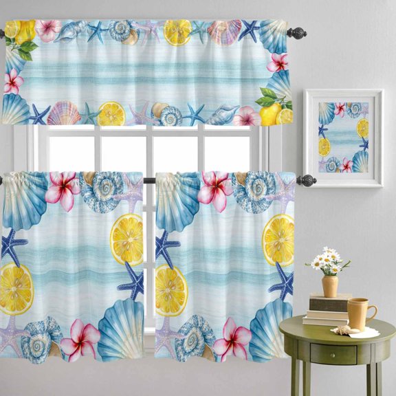 Ocean Life Starfish Shell Flower Lemon Curtain Tier and Valance Set 3 Piece, Watercolor Marine Conch 3-inch Rod Pocket Window Tier Curtains Valance for Kitchen Living Room