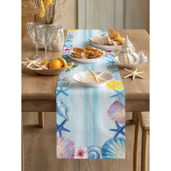 Ocean Life Starfish Shell Flower Lemon Table Runner 13x36in Non-Slip Cotton Linen Table Runners, Watercolor Marine Conch Dresser Scarves TableRunner for Dinner Kitchen Dining Wedding Party