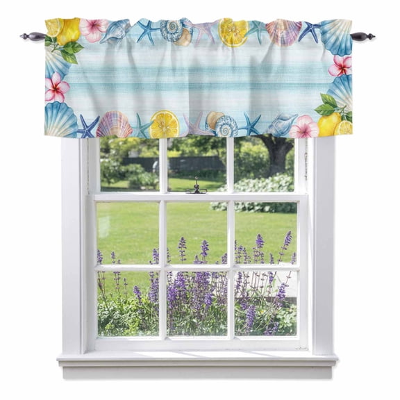 Ocean Life Starfish Shell Flower Lemon Valances for Windows,Kitchen Valance Rod Pocket Short Curtain, Watercolor Marine Conch Valance Curtain Window Valances for Bedroom Bathroom Living Room 42x12in
