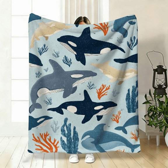 Ocean Life Theme Blanket - Soft Breathable All-Season Throw - Navy - Machine Washable Polyester Bedspread for Couch, Sofa, Gift - Perfect for Beach House, Aquarium Decor - Ideal Birthday