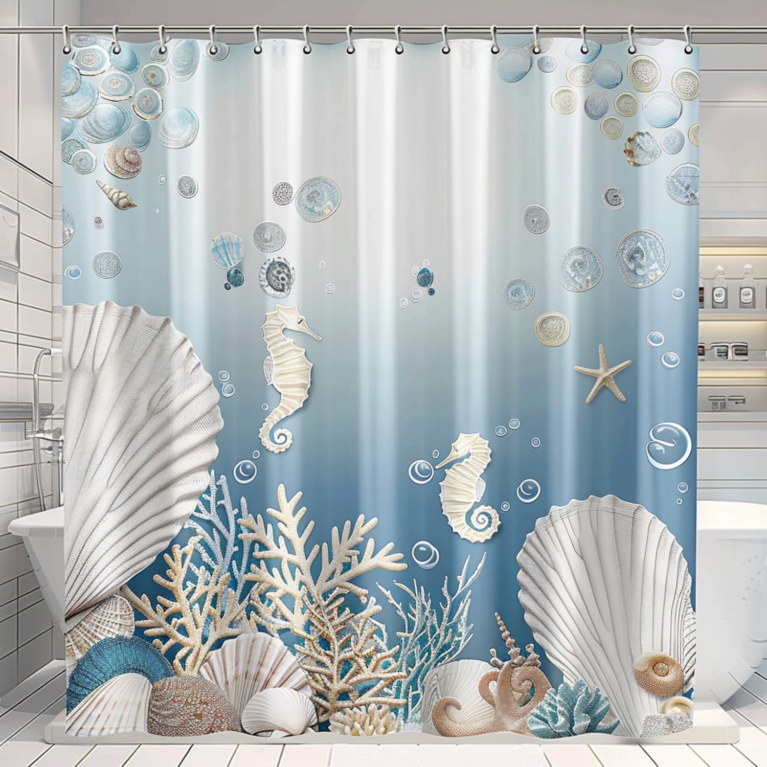 Ocean Life Theme Shower Curtain Coastal Bathroom Decor with Seashells ...