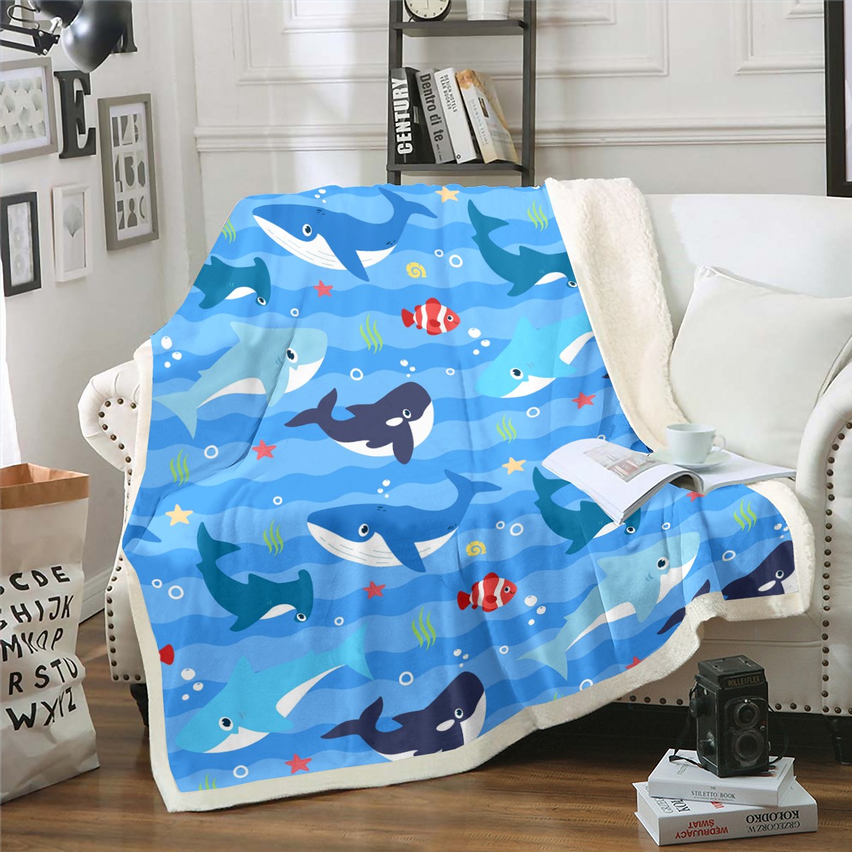 Ocean Life Throw Blanket, Cartoon Shark Whale Fleece Blanket Queen Size, Colorful Underwater