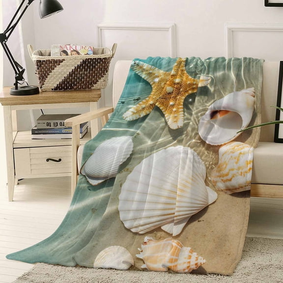 Ocean Life Throw Flannel Blanket 40x50In Shell Yellow Starfish Sea Water Beach Super Soft Cozy Bed Blanket, Lightweight Plush Fuzzy Bed Throw for Bedroom Sofa Couch Living Room