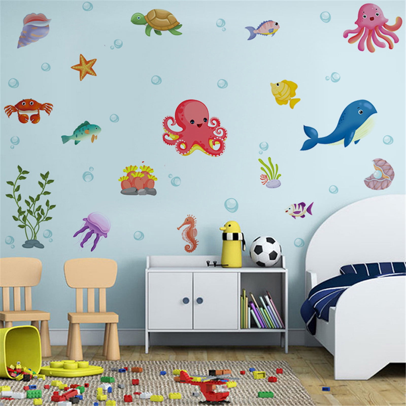 Ocean Life Wall Decals Under The Sea Fish Wall Stickers Colorful Removable Underwater Sea Creatures Jellyfish Wall Decor for Kids Girls Baby Bathroom Bedroom Living Room