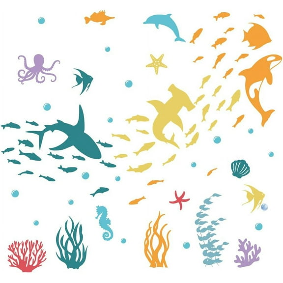 Ocean Life Wall Stickers Sea Animals Wall Decals Watercolor Wall Decor Octopus Seahorse DIY Art Wall Decors Mural for Kids Bedroom Baby Nursery Bathroom