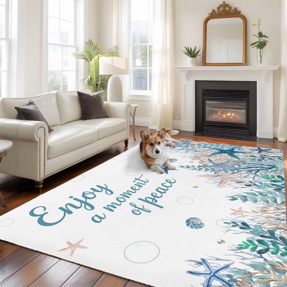 Ocean Life Washable Area Rug 9x12 Blue Starfish Coral Eucalyptus Leaves Enjoy A Moment F Peace Low-Profile Area Rugs Non Slip Indoor Floor Carpet for Entrance Living Room Bedroom Home Office