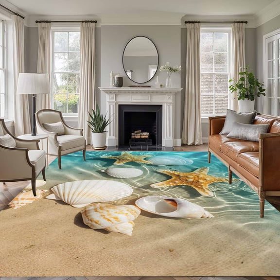 Ocean Life Washable Living Room Rugs 6'x9', Shell Yellow Starfish Sea Water Beach Low Pile Throw Large Area Rug Non-Slip Sturdy Edge Binding Carpet for Dining Room Kitchen Office