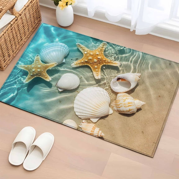 Ocean Life Washable Small Entryway Area Rugs 2'x3', Shell Yellow Starfish Sea Water Beach Low Pile Throw Rug Non-Slip Sturdy Edge Binding Carpet for Front Door Floor Room Entry