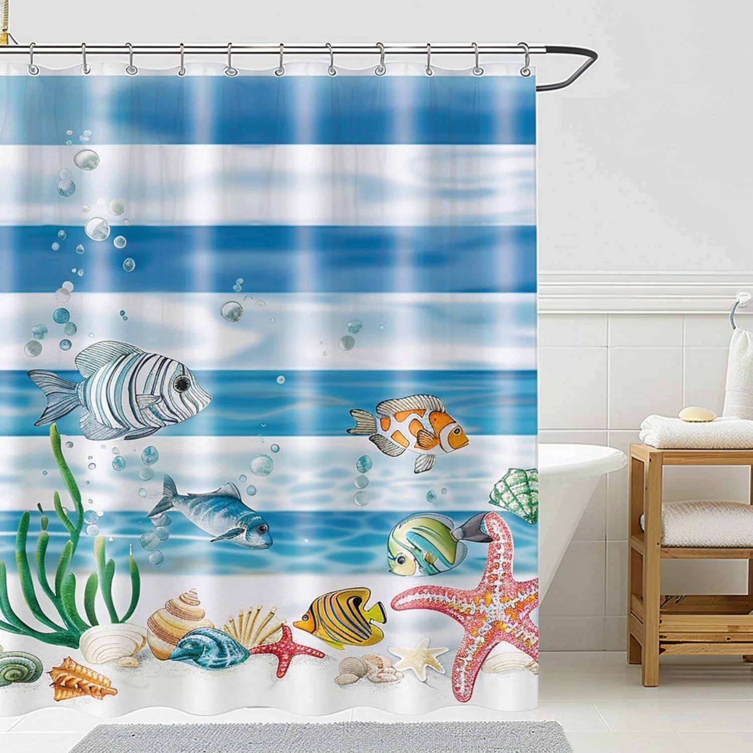 Ocean Life Watercolor Stripes Bathroom Decor Set with Fish Sea Stars ...