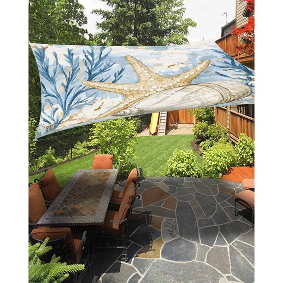 Ocean Life Waterproof Sun Shade Sail Marine Coral Shell Algae Starfish Oil Painting Outdoor Patio Sun Shades Canopy UV Block Waterproof Sunshade for Garden Backyard Deck Pergola 6.5x10 Ft