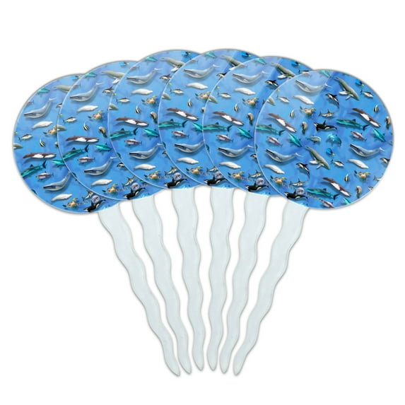Ocean Life Whale Dolphin Manatee Shark Pattern Cupcake Picks Toppers Decoration Set of 6