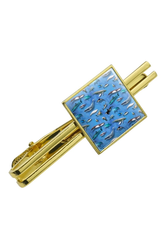 Ocean Life Whale Dolphin Manatee Shark Pattern Square Tie Bar Clip Clasp Tack- Silver or Gold