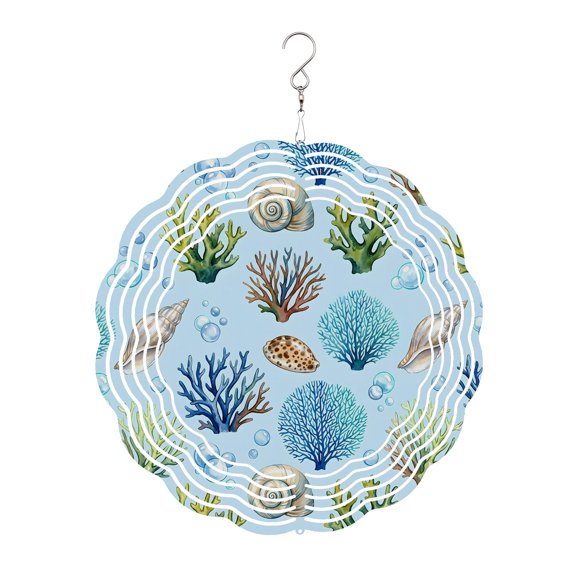 Ocean Life Wind Spinner for Garden Yard 8In, Watercolor Green Blue Coral Conch Bubbles Summer 3D Stainless Steel Kinetic Hanging Wind Spinners Rustproof Outdoor Decor for Lawn Patio Home